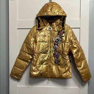 Gold Ed Hardy down-filled women’s puffer jacket with Skull and Rose Design